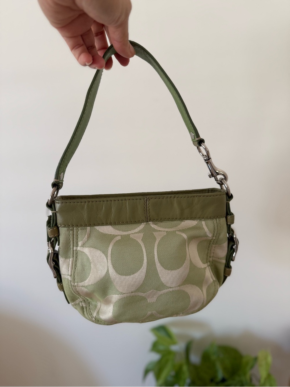 Coach Mini Shoulder Bag in Light Olive and Cream Signature Jacquard